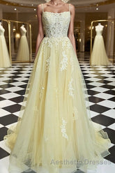 A-Line/Princess Spaghetti Straps Sweep Train Tulle Evening Prom Dresses With Appliques Lace